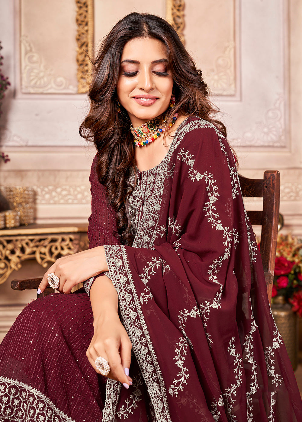 Buy Now Royal Maroon Indian Georgette Ceremonial Salwar Suit Online in USA, UK, Canada & Worldwide at Empress Clothing.