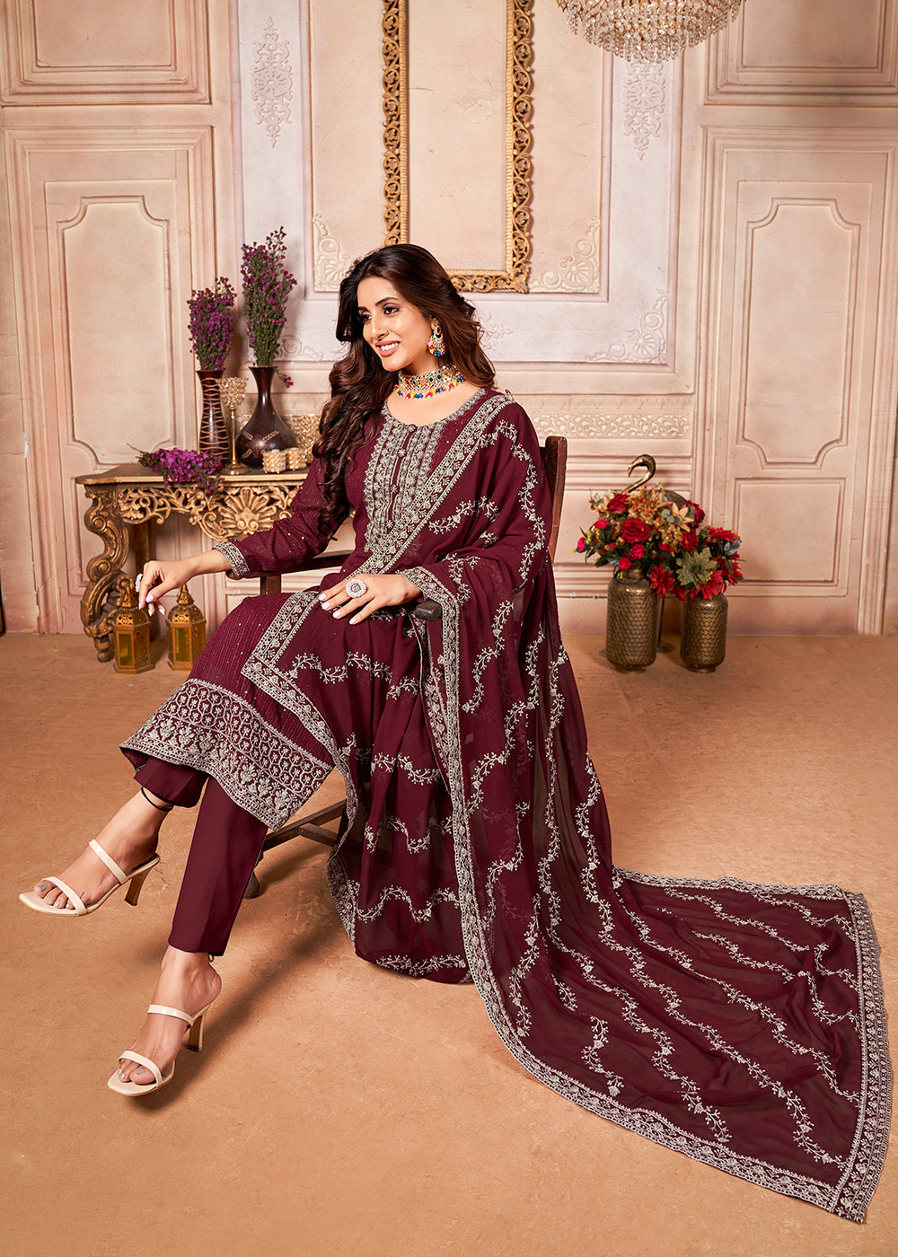 Buy Now Royal Maroon Indian Georgette Ceremonial Salwar Suit Online in USA, UK, Canada & Worldwide at Empress Clothing.