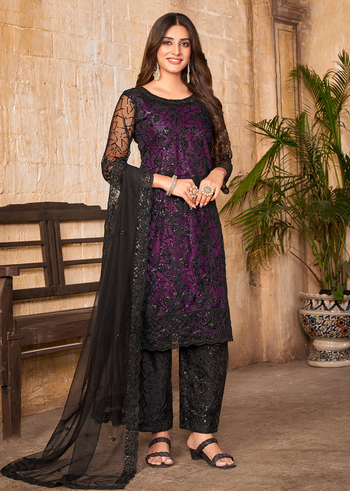 Buy Now Party Wear Purple Embroidered Net Pant Style Salwar Suit Online in USA, UK, Canada & Worldwide at Empress Clothing.