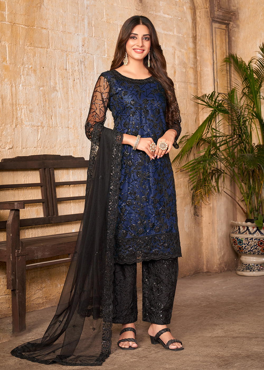 Buy Now Party Wear Blue Embroidered Net Pant Style Salwar Suit Online in USA, UK, Canada & Worldwide at Empress Clothing.