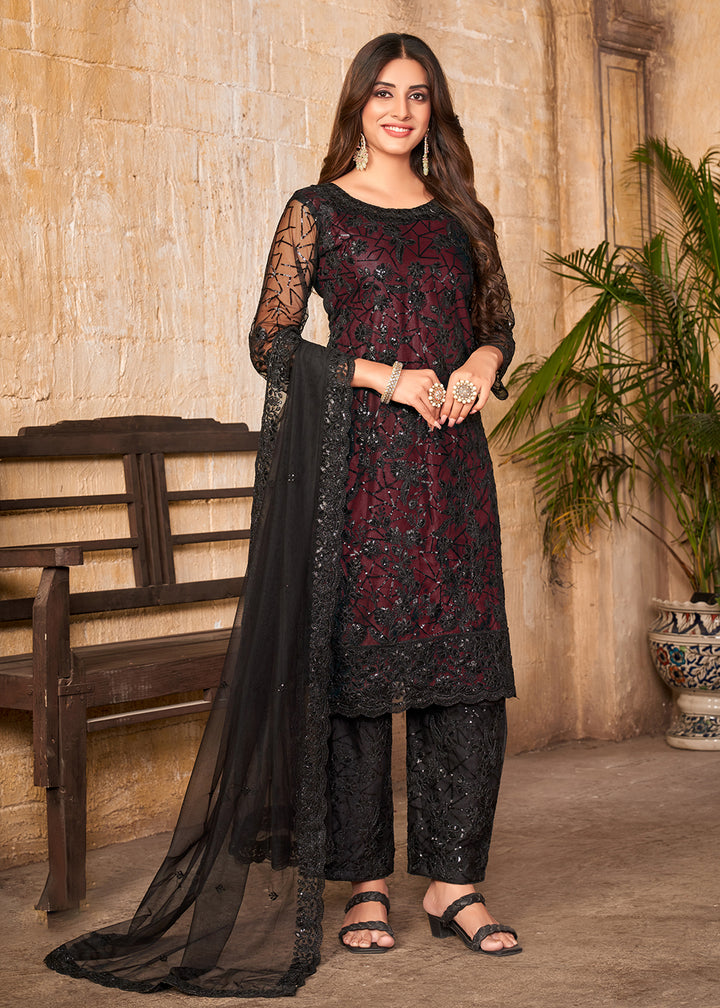 Buy Now Party Wear Maroon Embroidered Net Pant Style Salwar Suit Online in USA, UK, Canada & Worldwide at Empress Clothing.