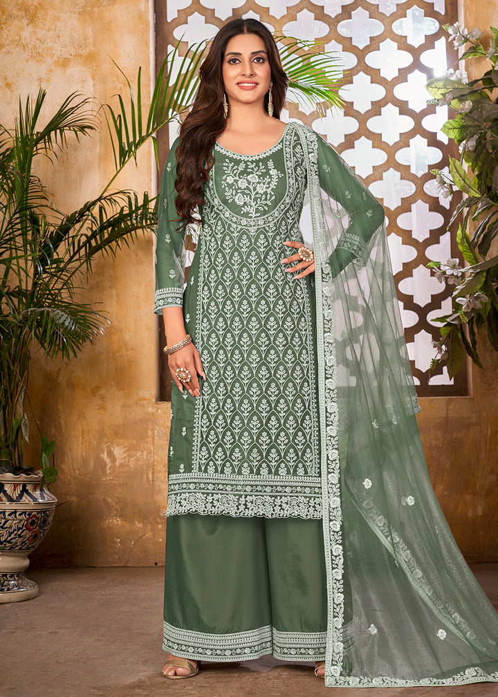 Buy Now Vintage Green Wedding Festive Pakistani Style Palazzo Suit Online in USA, UK, Canada & Worldwide at Empress Clothing.