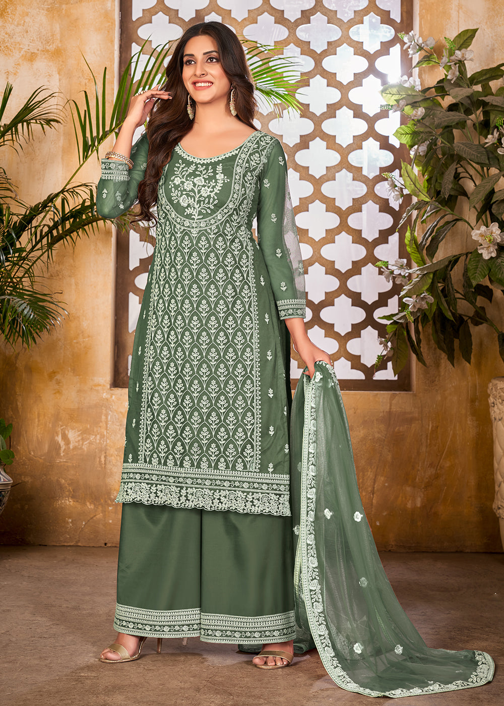 Buy Now Vintage Green Wedding Festive Pakistani Style Palazzo Suit Online in USA, UK, Canada & Worldwide at Empress Clothing.