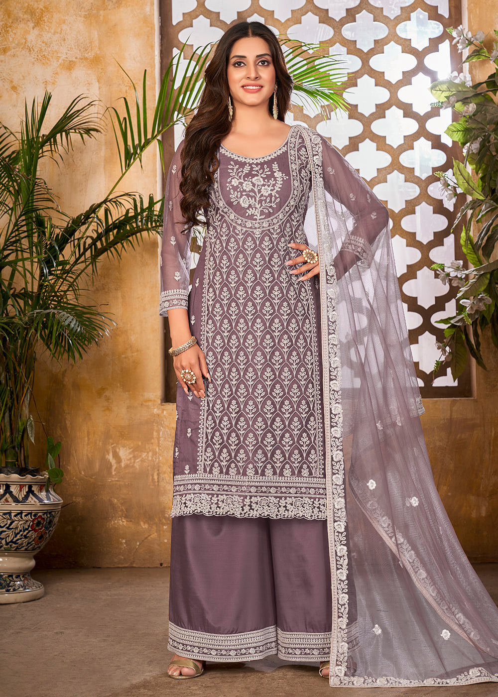 Buy Now Splendid Lavender Wedding Festive Pakistani Style Palazzo Suit Online in USA, UK, Canada & Worldwide at Empress Clothing. 