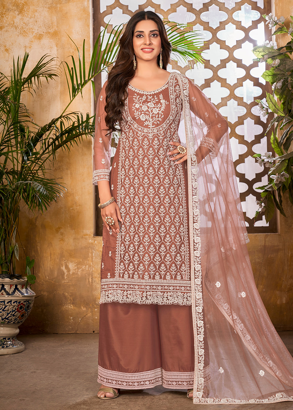 Buy Now Rusty Brown Wedding Festive Pakistani Style Palazzo Suit Online in USA, UK, Canada & Worldwide at Empress Clothing. 