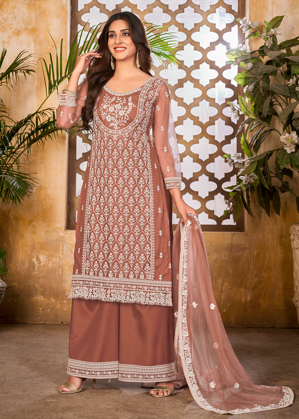 Buy Now Rusty Brown Wedding Festive Pakistani Style Palazzo Suit Online in USA, UK, Canada & Worldwide at Empress Clothing. 