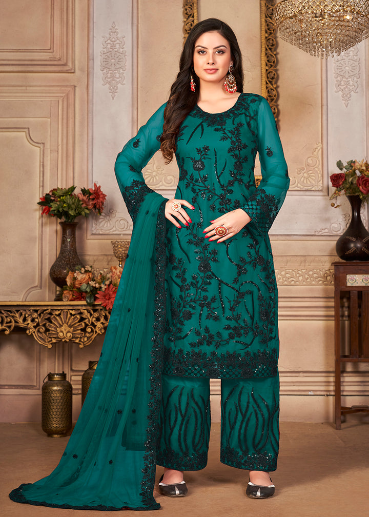 Buy Now Teal & Black Cording & Sequins Embroidered Pant Style Salwar Suit Online in USA, UK, Canada & Worldwide at Empress Clothing.