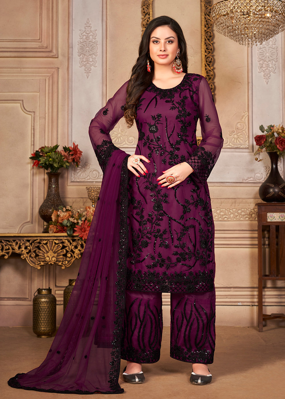 Buy Now Purple & Black Cording & Sequins Embroidered Pant Style Salwar Suit Online in USA, UK, Canada & Worldwide at Empress Clothing. 