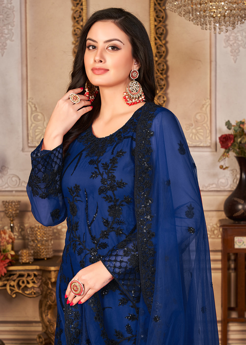 Buy Now Blue & Black Cording & Sequins Embroidered Pant Style Salwar Suit Online in USA, UK, Canada & Worldwide at Empress Clothing. 