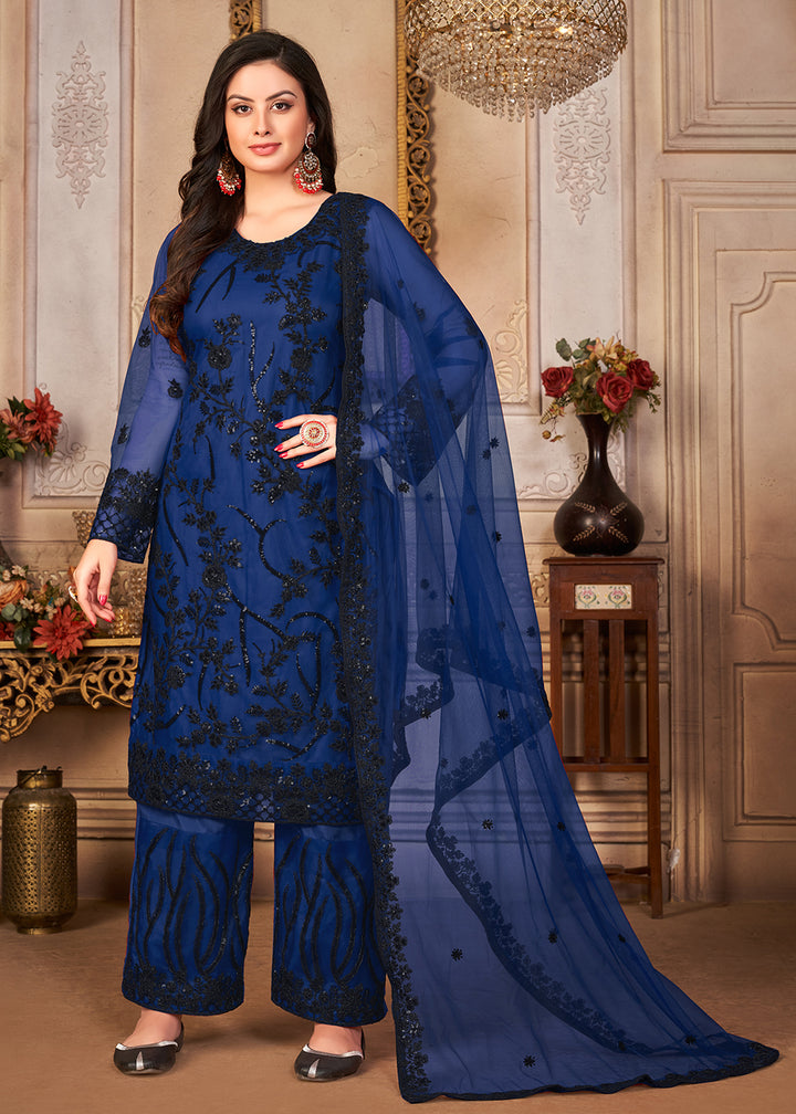 Buy Now Blue & Black Cording & Sequins Embroidered Pant Style Salwar Suit Online in USA, UK, Canada & Worldwide at Empress Clothing. 