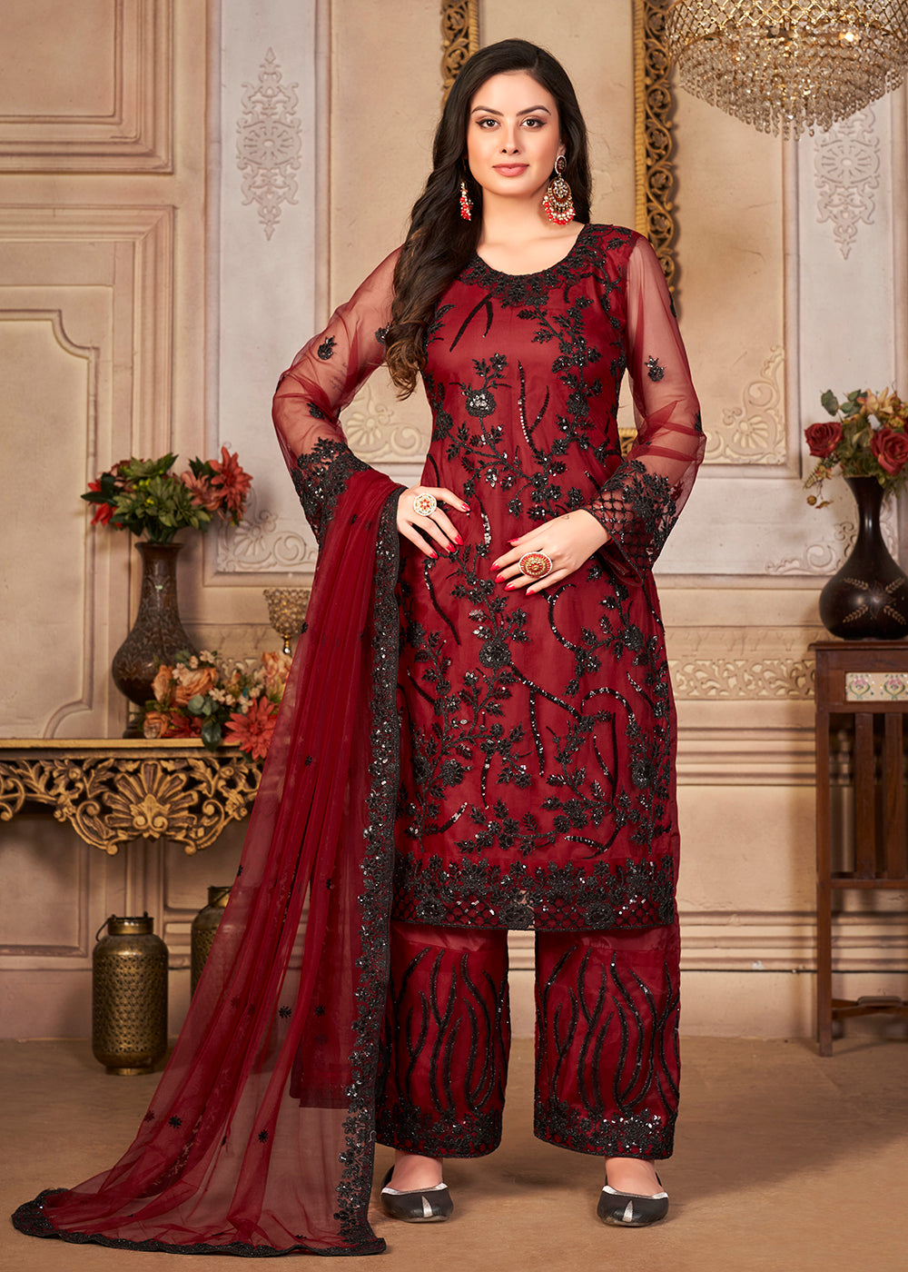 Buy Now Red & Black Cording & Sequins Embroidered Pant Style Salwar Suit Online in USA, UK, Canada & Worldwide at Empress Clothing.