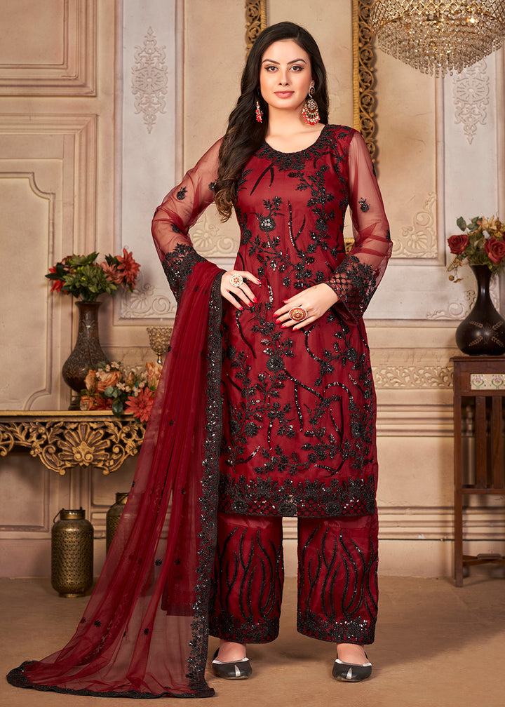 Buy Now Red & Black Cording & Sequins Embroidered Pant Style Salwar Suit Online in USA, UK, Canada & Worldwide at Empress Clothing.