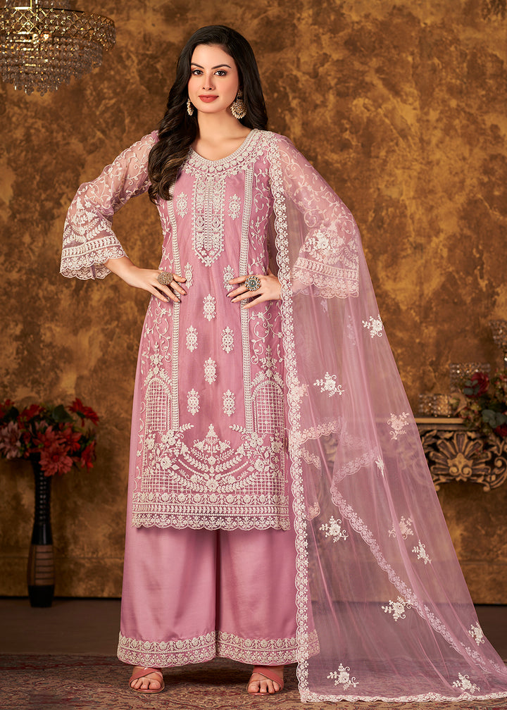 Buy Now Lovely Soft Pink Cording Embroidered Net Palazzo Salwar Suit Online in USA, UK, Canada & Worldwide at Empress Clothing.