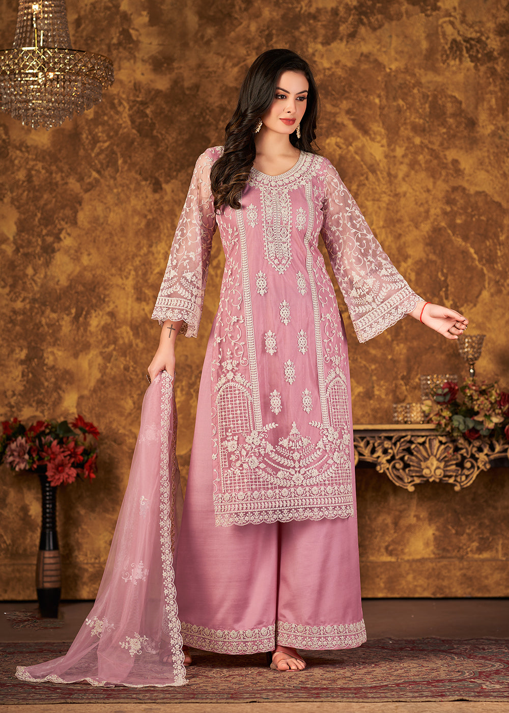 Buy Now Lovely Soft Pink Cording Embroidered Net Palazzo Salwar Suit Online in USA, UK, Canada & Worldwide at Empress Clothing.