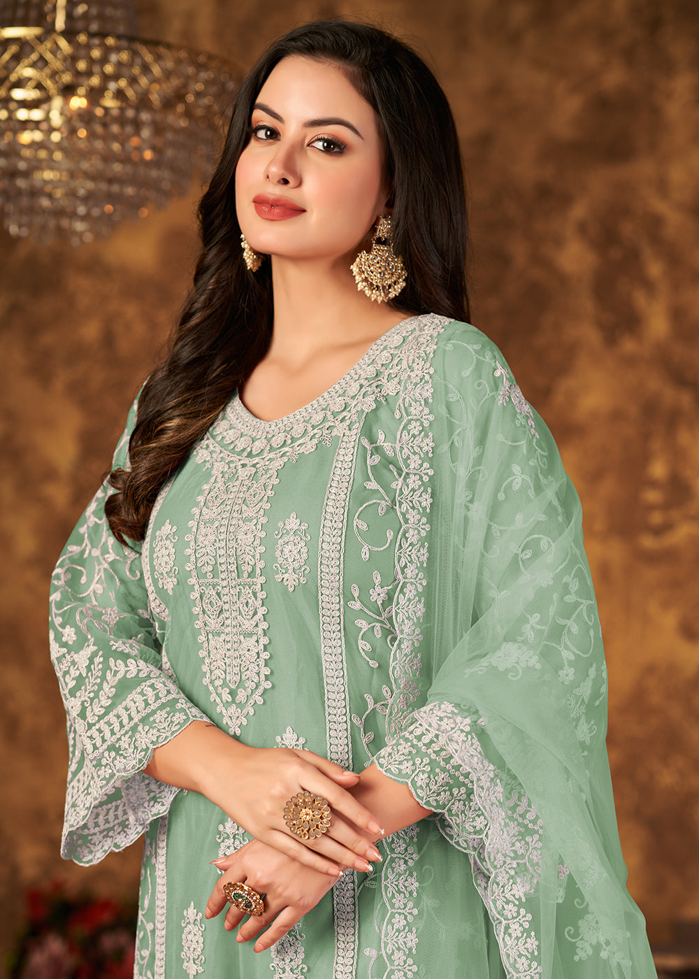 Buy Now Fabulous Sea Green Cording Embroidered Net Palazzo Salwar Suit Online in USA, UK, Canada & Worldwide at Empress Clothing. 