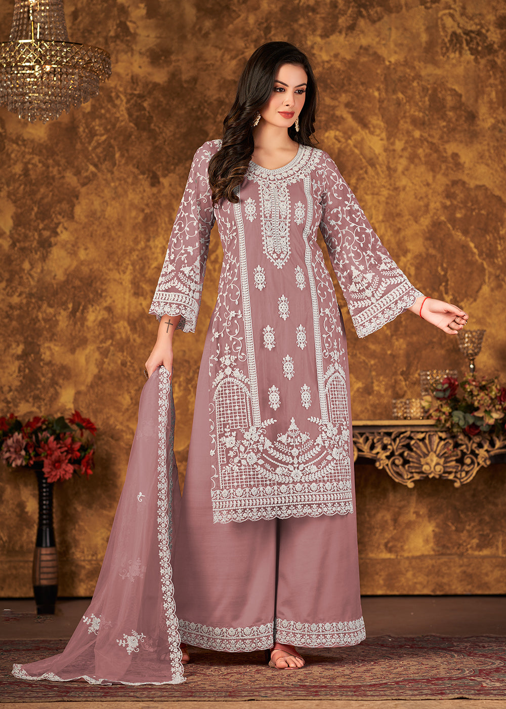 Buy Now Alluring Mauve Cording Embroidered Net Palazzo Salwar Suit Online in USA, UK, Canada & Worldwide at Empress Clothing. 