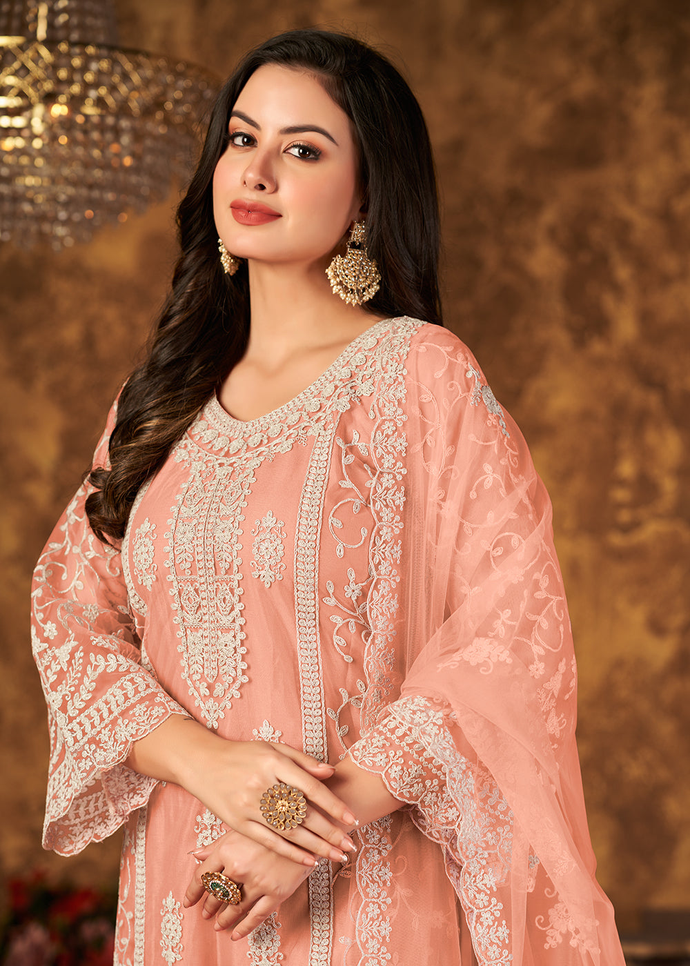 Buy Now Elegant Peach Cording Embroidered Net Palazzo Salwar Suit Online in USA, UK, Canada & Worldwide at Empress Clothing.