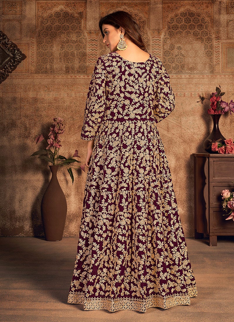 Buy Purple Wine Velvet Abaya Style Anarkali - Floor Length Anarkali Suit