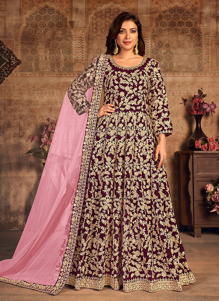 Buy Purple Wine Velvet Abaya Style Anarkali - Floor Length Anarkali Suit