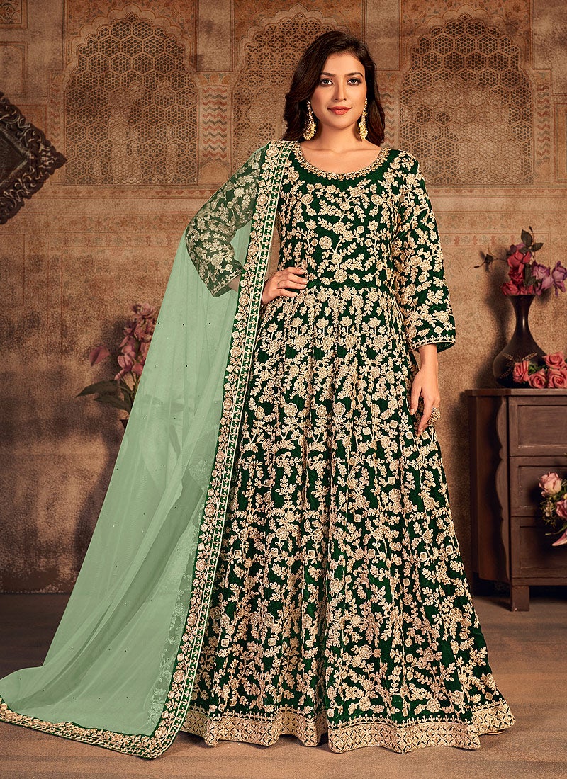 Buy Green Velvet Abaya Anarkali - Floor Length Anarkali Suit