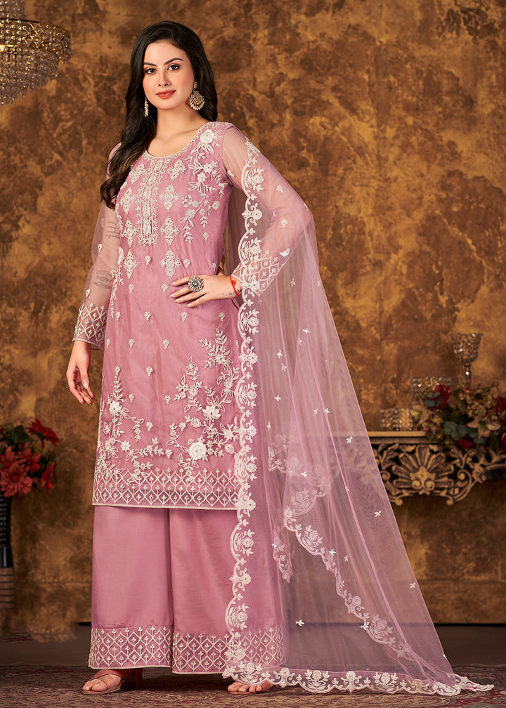 Buy Now Fabulous Pink Cording Embroidered Net Palazzo Salwar Suit Online in USA, UK, Canada & Worldwide at Empress Clothing. 