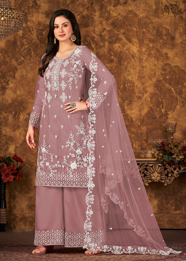 Buy Now Pretty Mauve Cording Embroidered Net Palazzo Salwar Suit Online in USA, UK, Canada & Worldwide at Empress Clothing. 