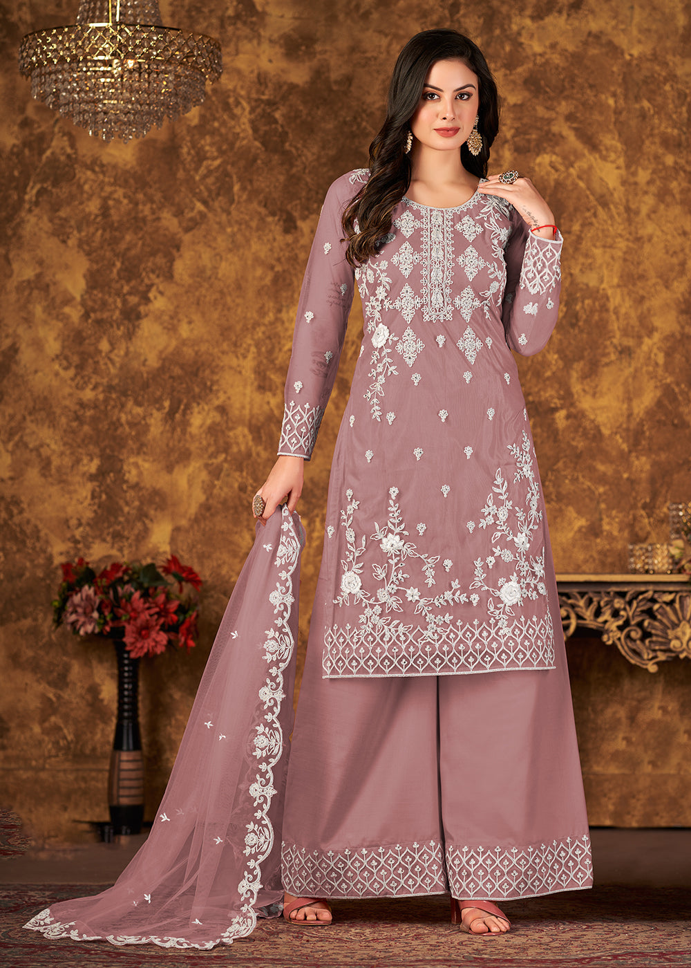 Buy Now Pretty Mauve Cording Embroidered Net Palazzo Salwar Suit Online in USA, UK, Canada & Worldwide at Empress Clothing. 