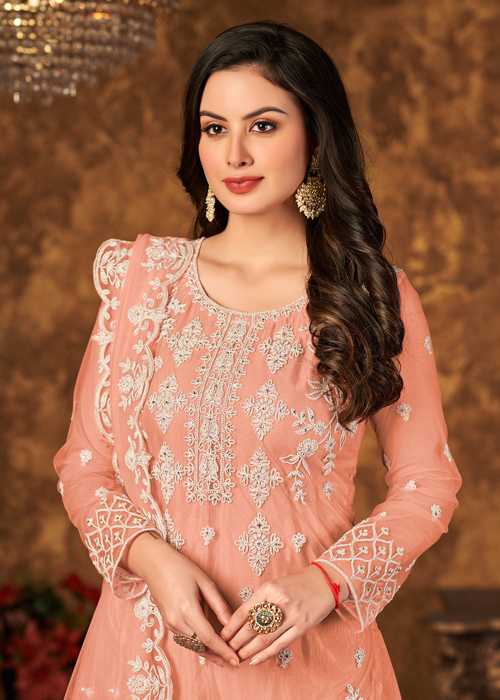 Buy Now Alluring Peach Cording Embroidered Net Palazzo Salwar Suit Online in USA, UK, Canada & Worldwide at Empress Clothing.
