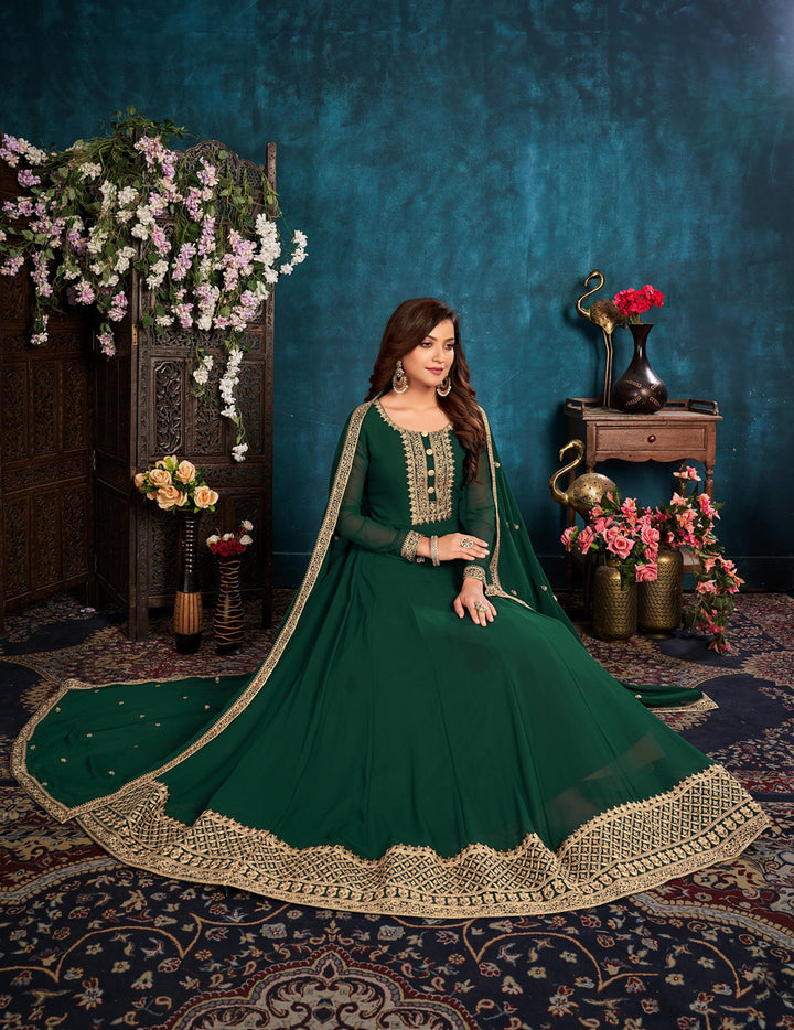 Buy Heavy Thread Embroidered Green Anarkali - Georgette Anarkali Gown