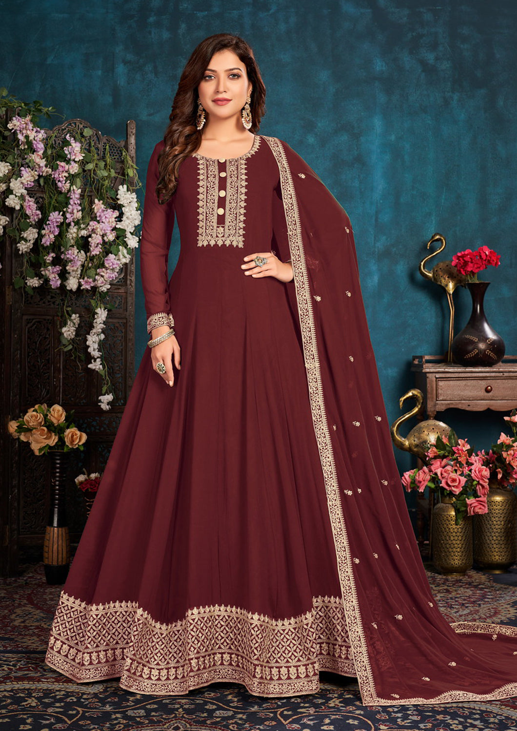 Buy Heavy Thread Embroidered Maroon Anarkali - Georgette Anarkali Gown