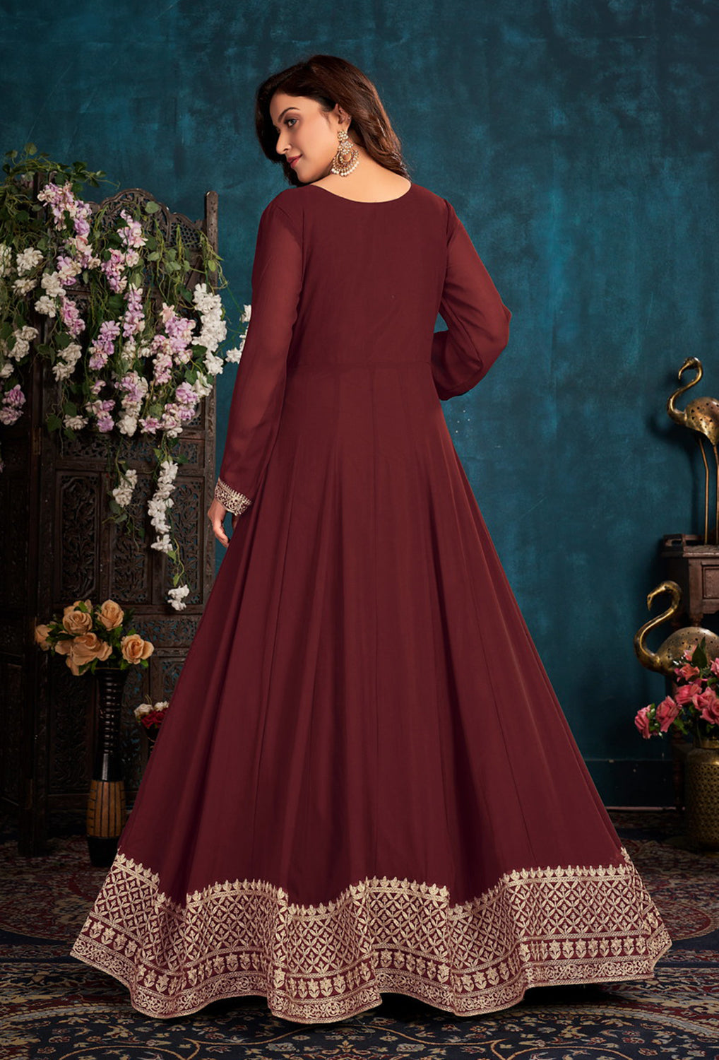 Buy Heavy Thread Embroidered Maroon Anarkali - Georgette Anarkali Gown