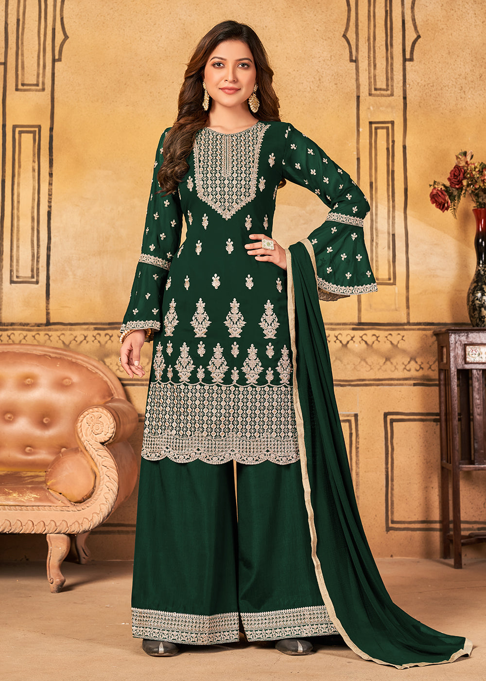 Buy Now Traditional Wedding Green Georgette Palazzo Salwar Kurta Online in USA, UK, Canada & Worldwide at Empress Clothing.