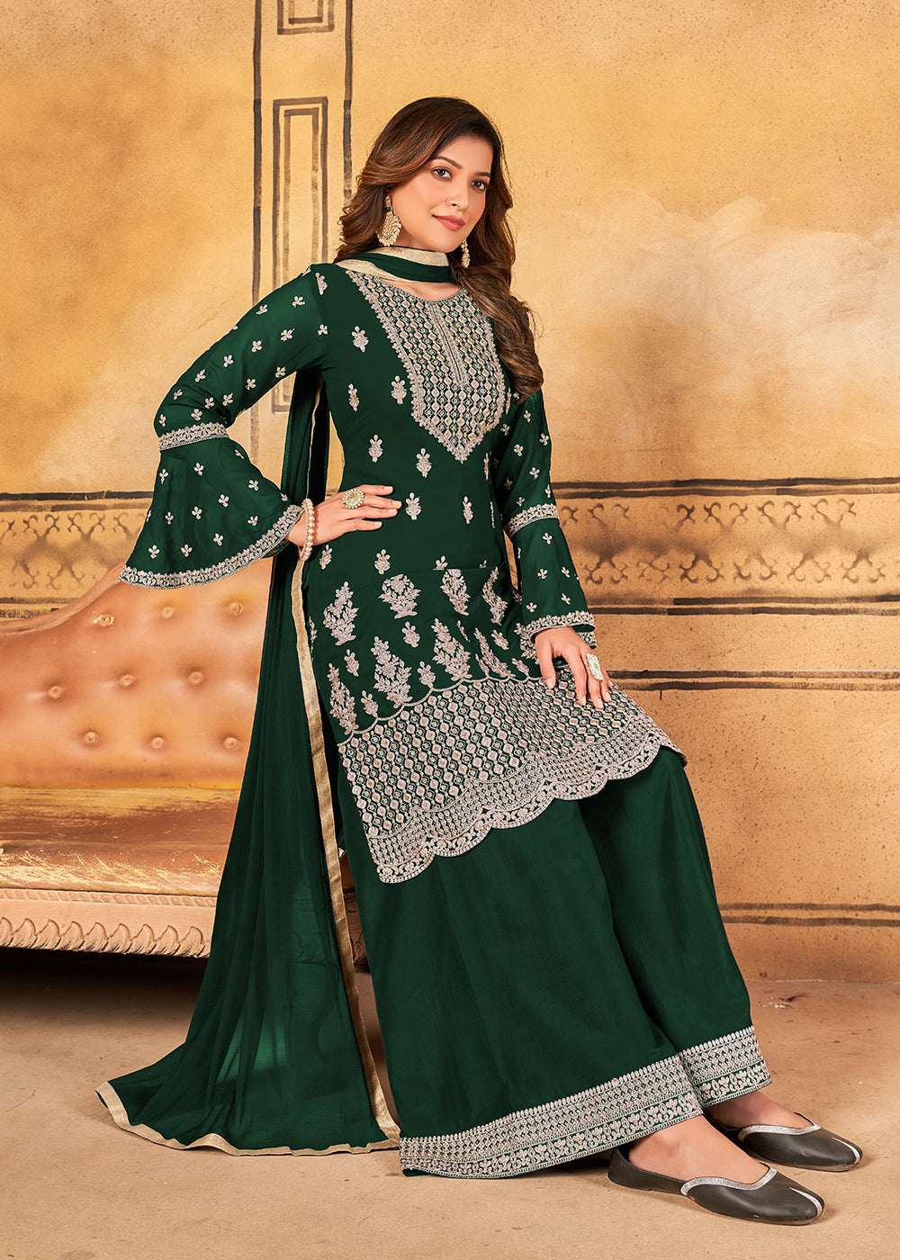 Buy Now Traditional Wedding Green Georgette Palazzo Salwar Kurta Online in USA, UK, Canada & Worldwide at Empress Clothing.