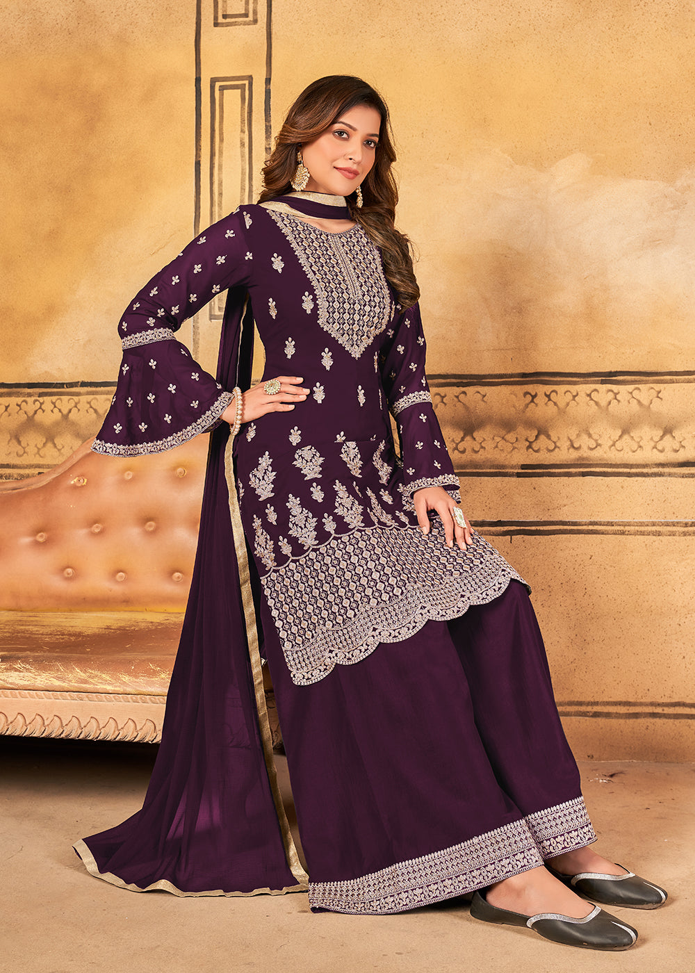 Buy Now Traditional Wedding Purple Georgette Palazzo Salwar Kurta Online in USA, UK, Canada & Worldwide at Empress Clothing.
