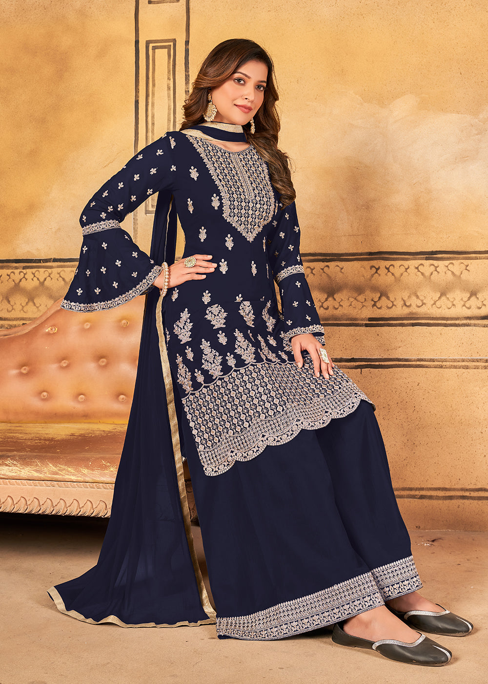 Buy Now Traditional Wedding Blue Georgette Palazzo Salwar Kurta Online in USA, UK, Canada & Worldwide at Empress Clothing.