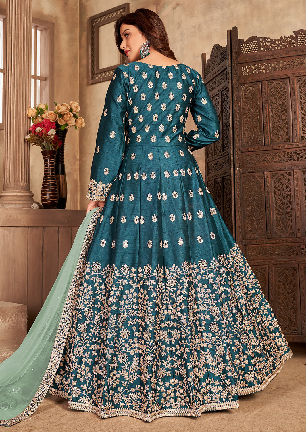 Buy Art Silk Teal Blue Anarkali - Front Slit Designer Anarkali Suit