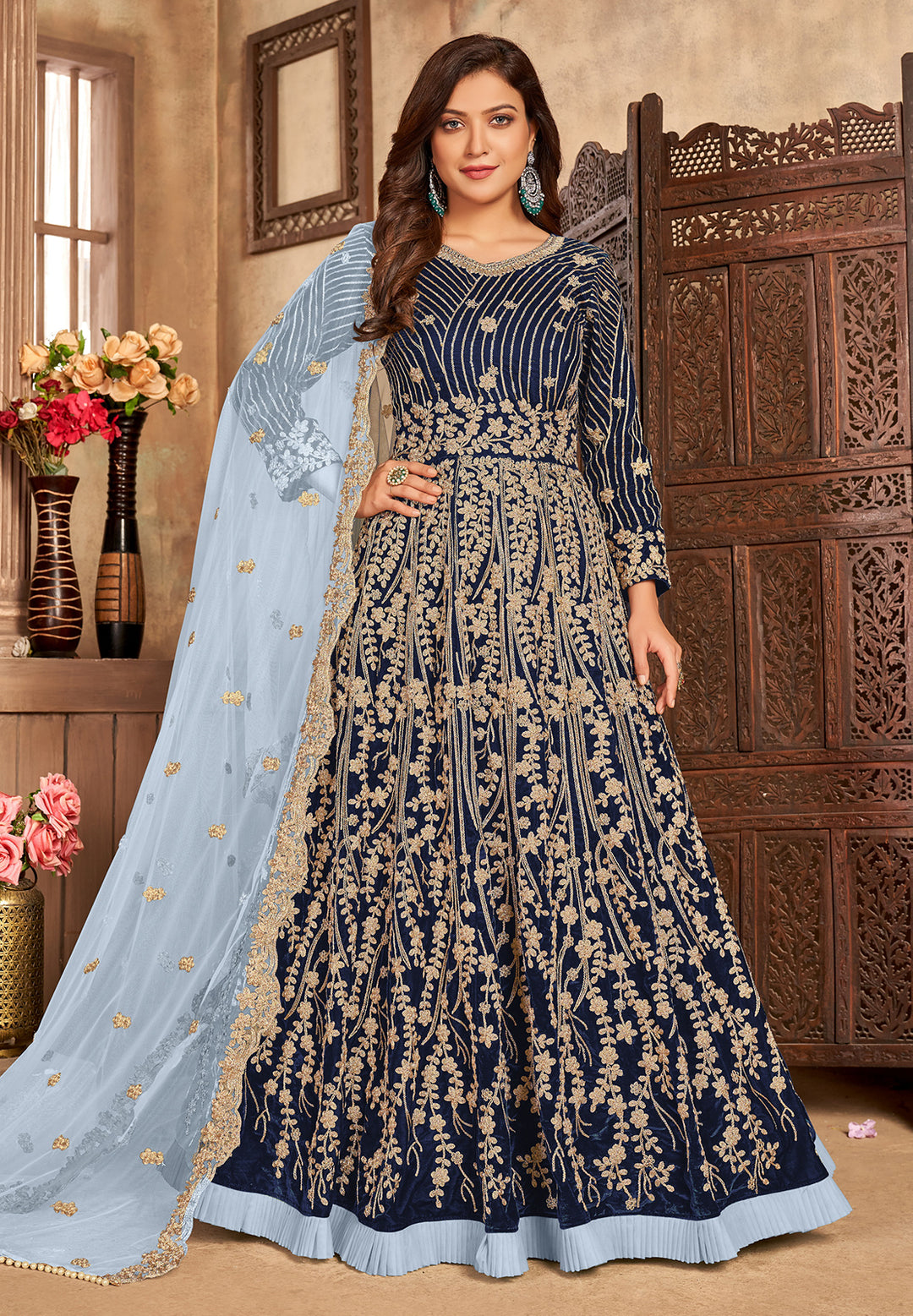 Buy Navy Blue Velvet Floor Length Anarkali - Designer Anarkali Suit