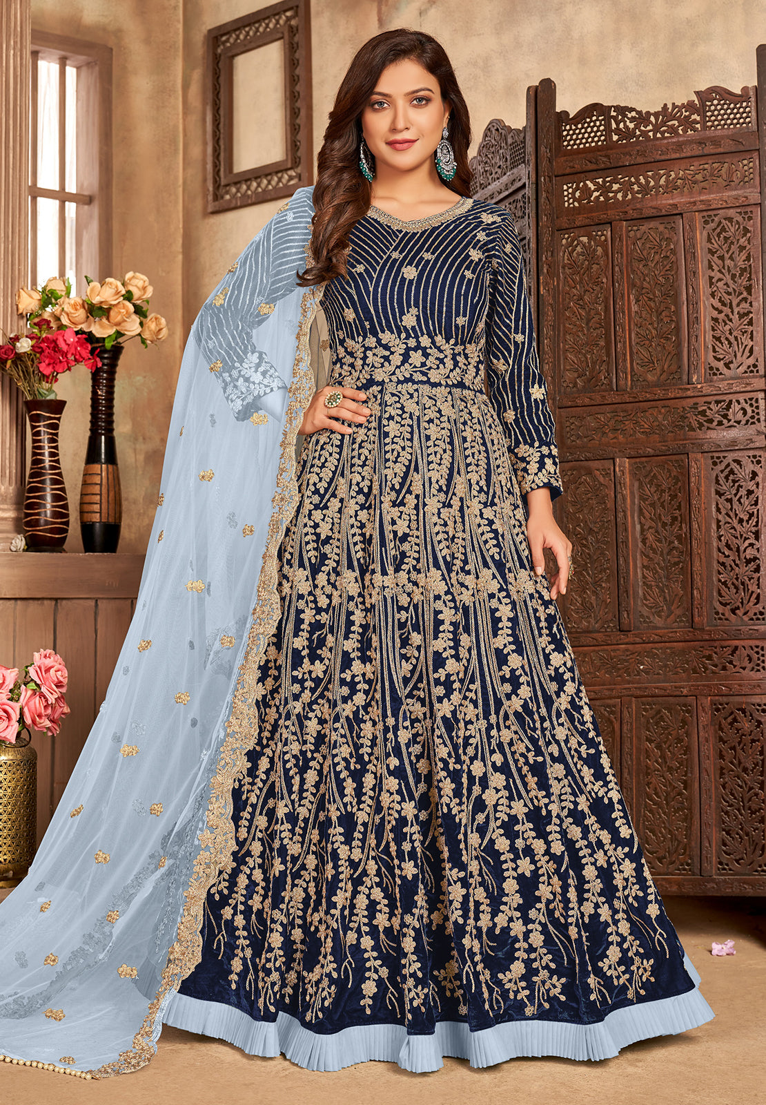 Satin Georgette & Velvet Blue Straight Suit Anarkali Bottom