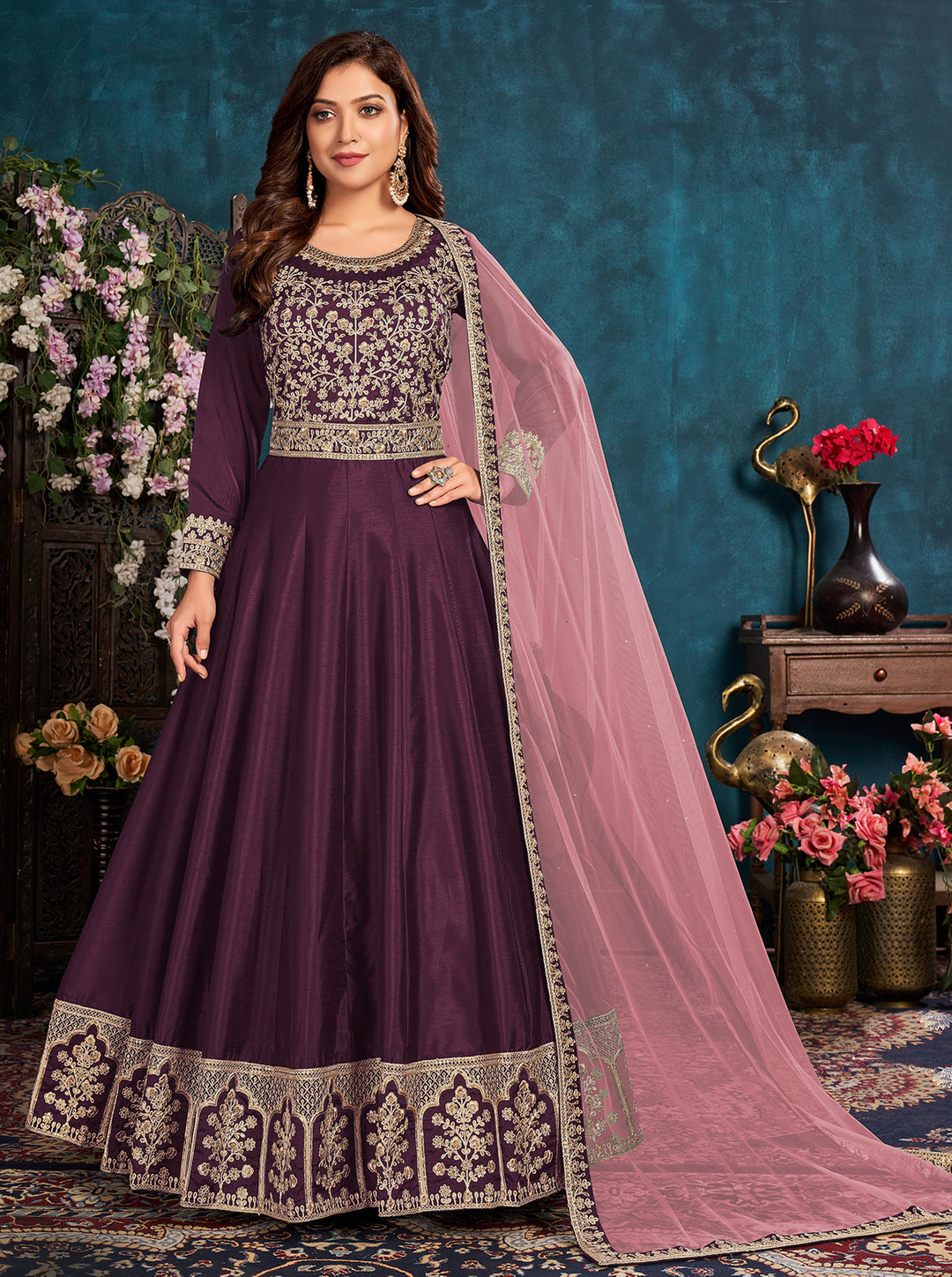 Buy Plum Purple Wedding Anarkali - Art Silk Embroidered Anarkali Suit