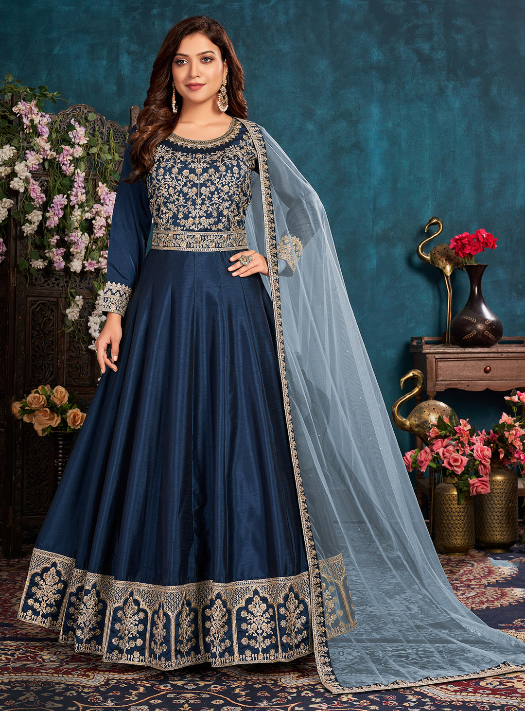 Buy Navy Blue Wedding Anarkali - Art Silk Embroidered Anarkali Suit