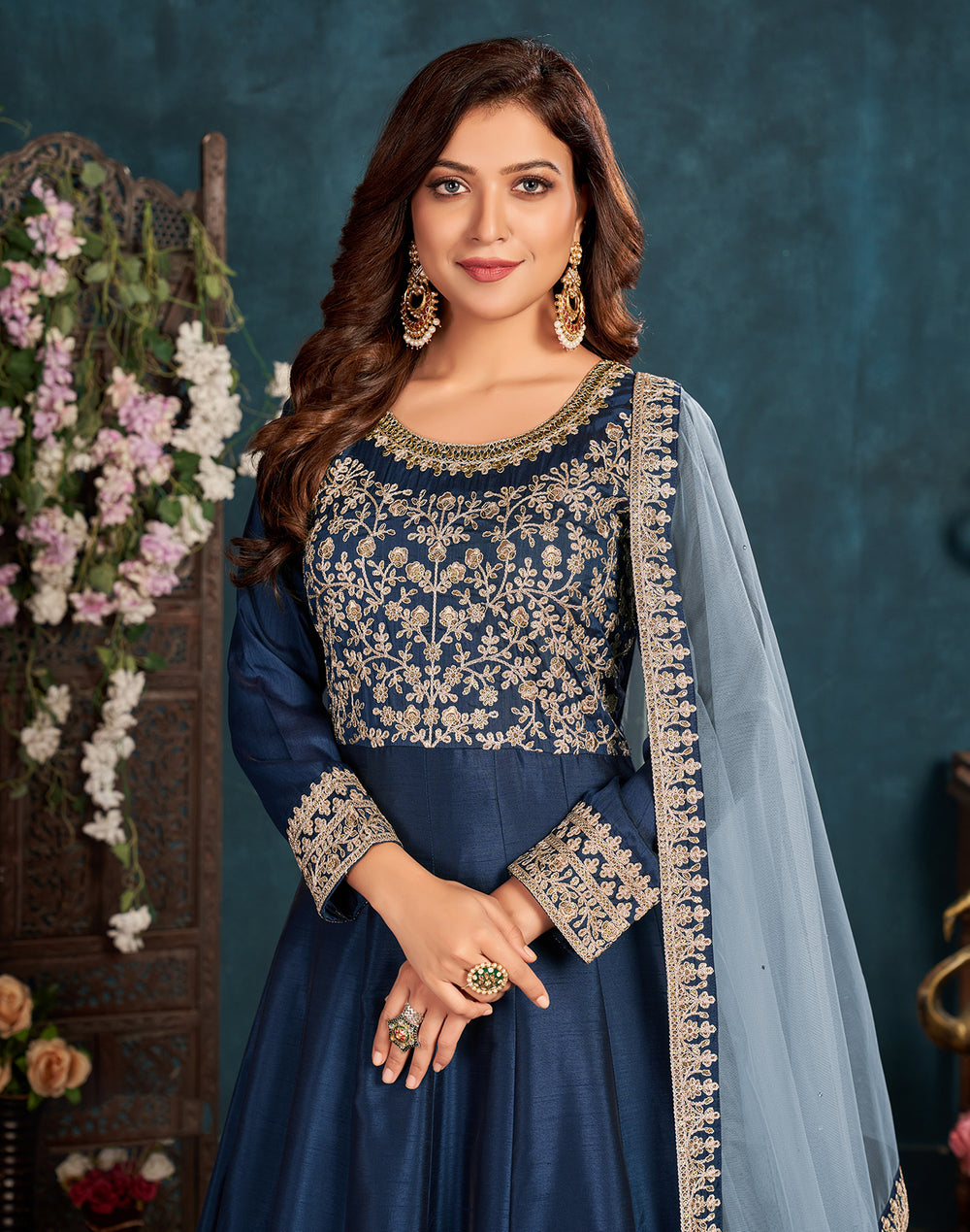 Buy Navy Blue Wedding Anarkali - Art Silk Embroidered Anarkali Suit