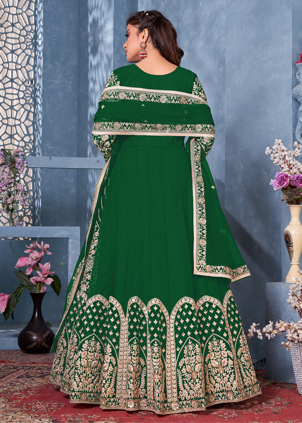 Buy Bottle Green Net Abaya Style Anarkali - Heavy Embroidered Anarkali