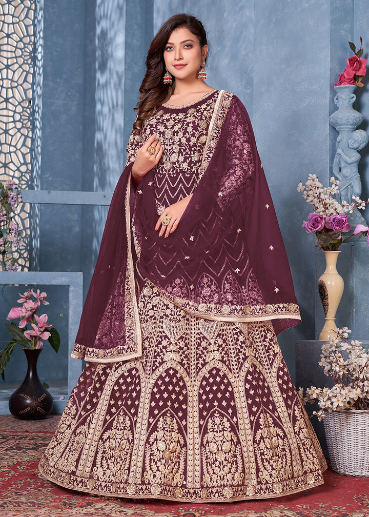 Buy Plum Purple Net Abaya Style Anarkali - Heavy Embroidered Anarkali