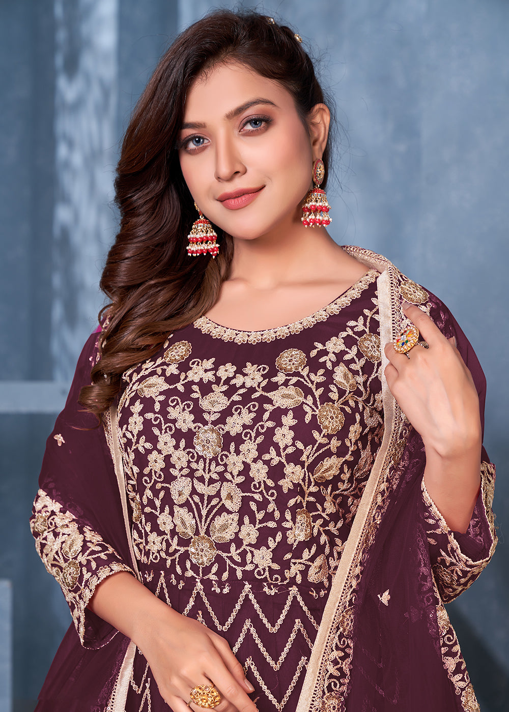 Buy Plum Purple Net Abaya Style Anarkali - Heavy Embroidered Anarkali
