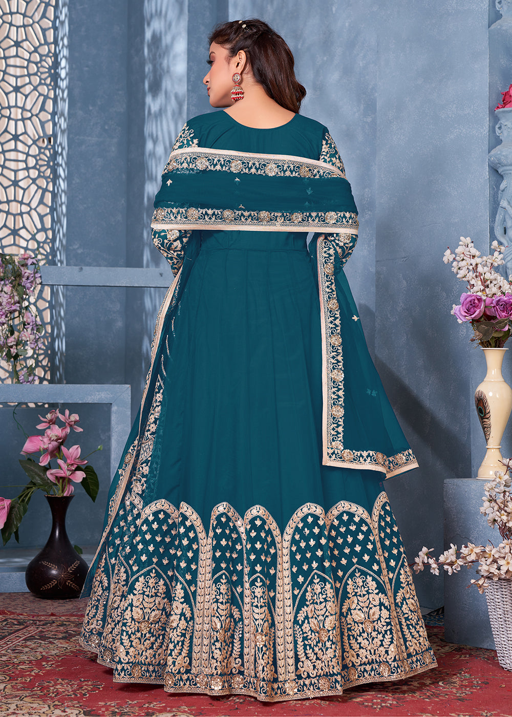 Buy Lagoon Blue Net Abaya Style Anarkali - Heavy Embroidered Anarkali
