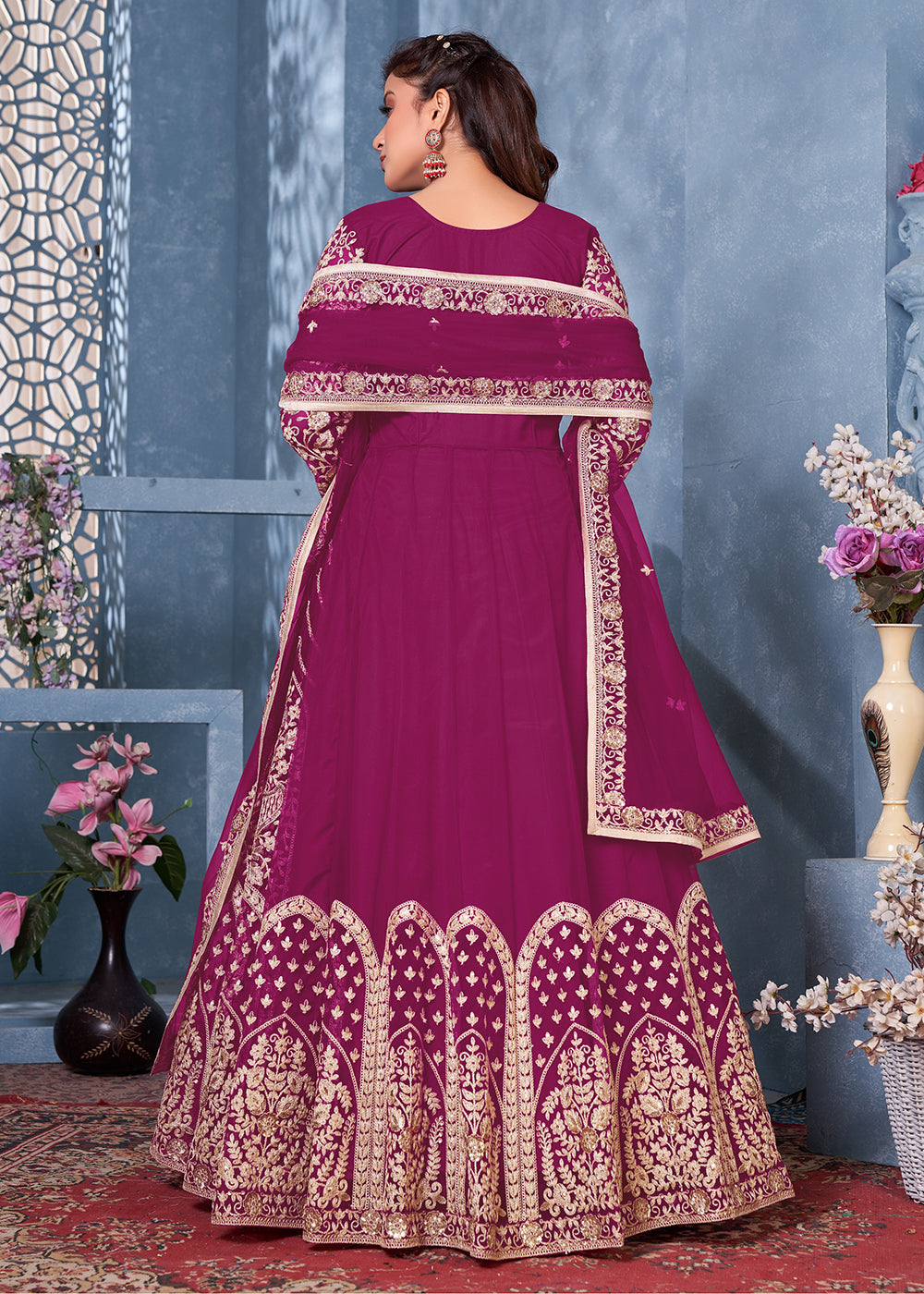 Buy Magenta Net Abaya Style Anarkali - Heavy Embroidered Anarkali