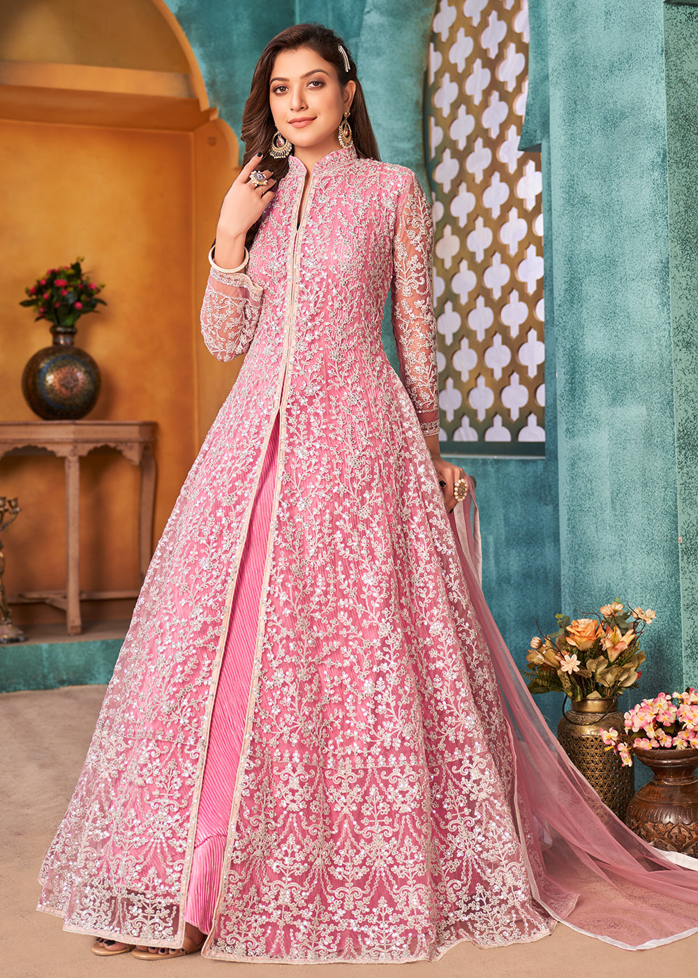 Buy Front Slit Carnation Pink Anarkali - Wedding Wear Anarkali Suit