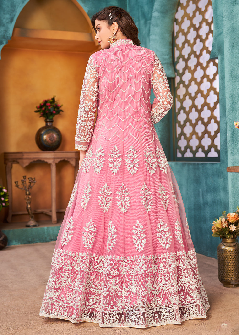 Buy Front Slit Carnation Pink Anarkali - Wedding Wear Anarkali Suit