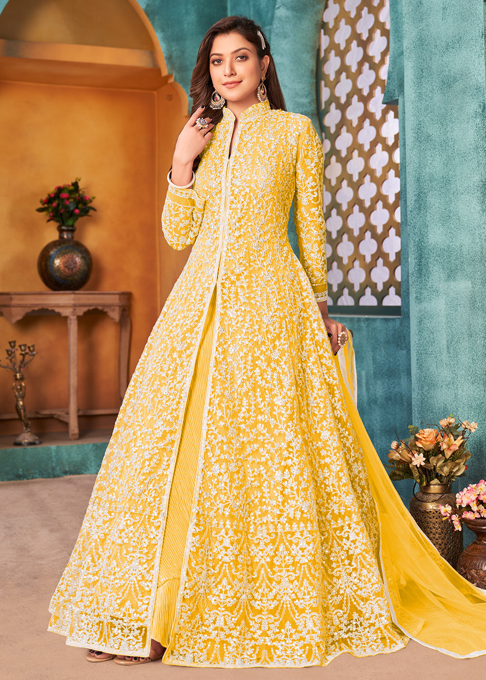 Wedding One Piece Anarkali Gown Buy Front Slit Yellow Anarkali