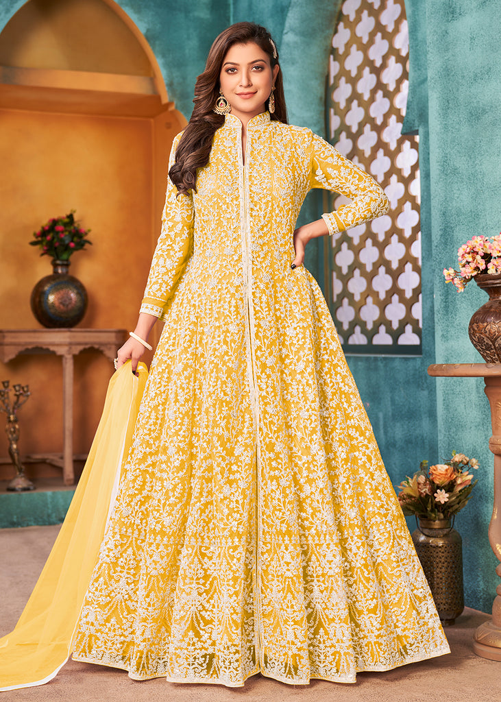 Buy Chrome Yellow Anarkali Suit In Cotton Silk With Cord Embroidered Bodice  Online - Kalki Fashion